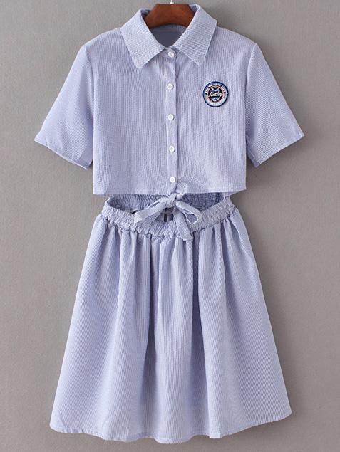 Romwe Blue Lapel Self-tie Bow Badge Patch Stripe Dress