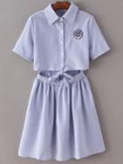 Romwe Blue Lapel Self-tie Bow Badge Patch Stripe Dress