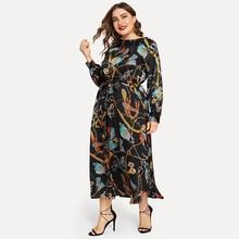 Romwe Plus Chain Print Self Tie Dress