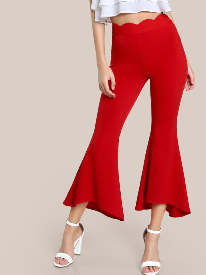 Romwe Scalloped Waistband Staggered Hem Flare Pants