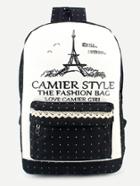 Romwe Black Lace Trim Polka Dot Print Canvas Backpack