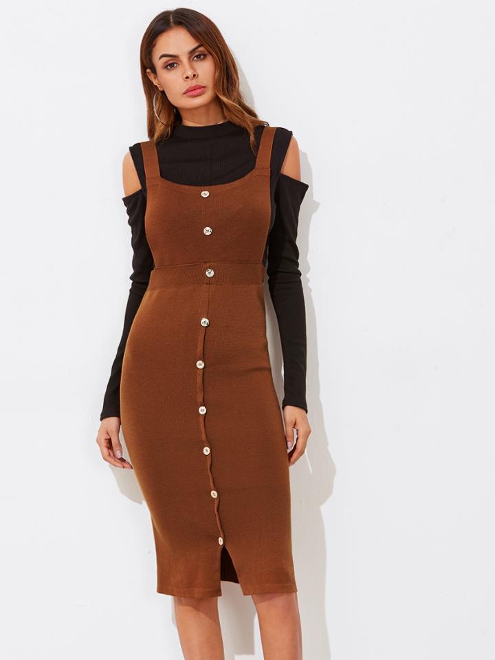 Romwe Single Breasted Knit Pinafore Dress