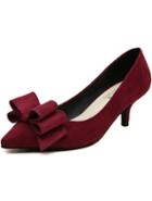Romwe Wine Red Point Toe With Bow Mid Heeled Pumps
