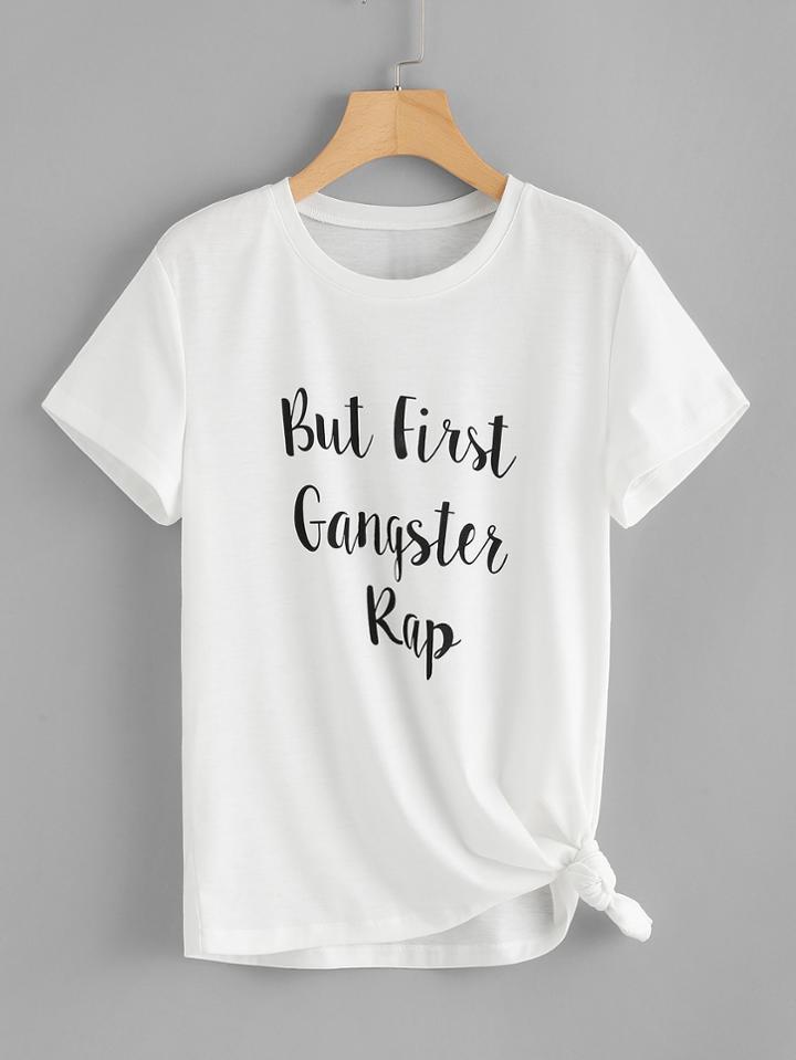 Romwe Letter Print Asymmetrical Hem Tee