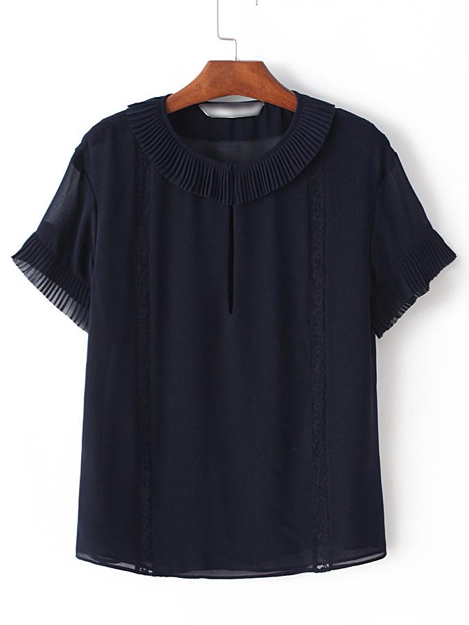 Romwe Navy Peter Pan Collar Cutout Blouse