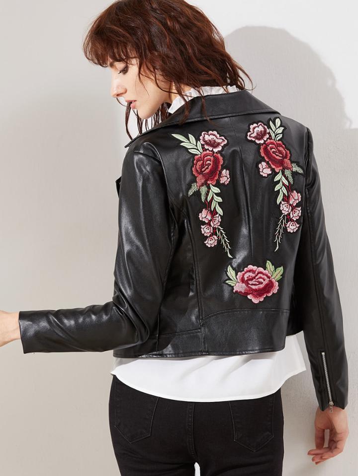 Romwe Black Faux Leather Embroidered Rose Applique Biker Jacket