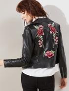 Romwe Black Faux Leather Embroidered Rose Applique Biker Jacket