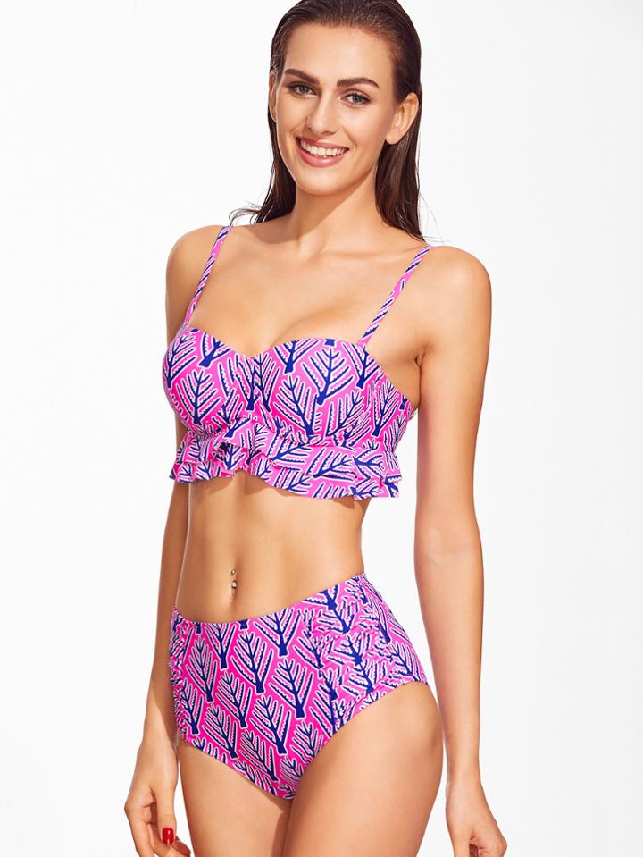 Romwe Hot Pink Printed Ruffle Hem Bikini Set