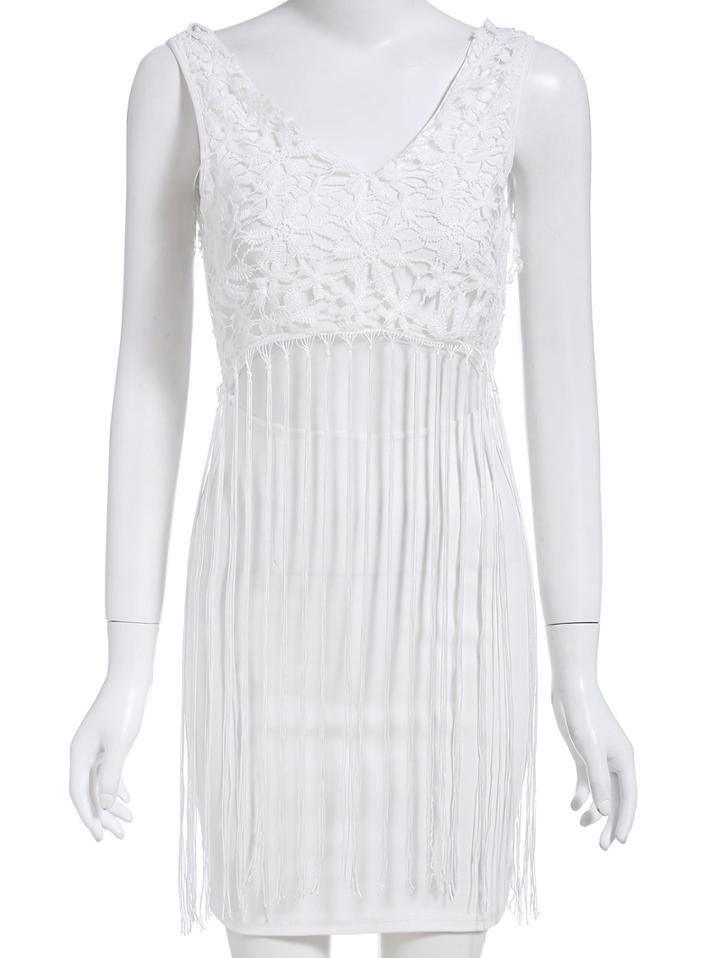 Romwe V Neck With Tassel Cut Out Lace Dress