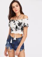 Romwe Bardot Floral Print Drawstring Front Crop Top