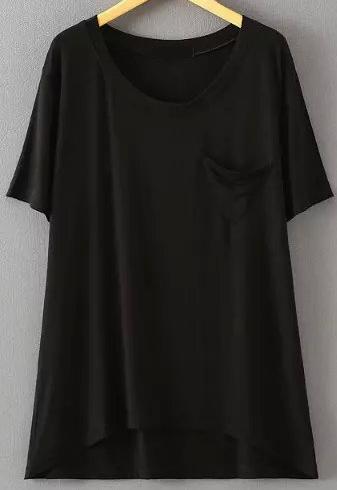 Romwe Dip Hem Triangle Pocket Black T-shirt