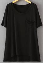 Romwe Dip Hem Triangle Pocket Black T-shirt