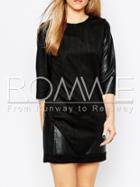 Romwe Black Round Neck Contrast Pu Leather Dress