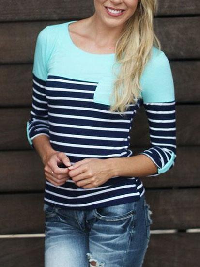 Romwe Blue Round Neck Striped Pocket T-shirt