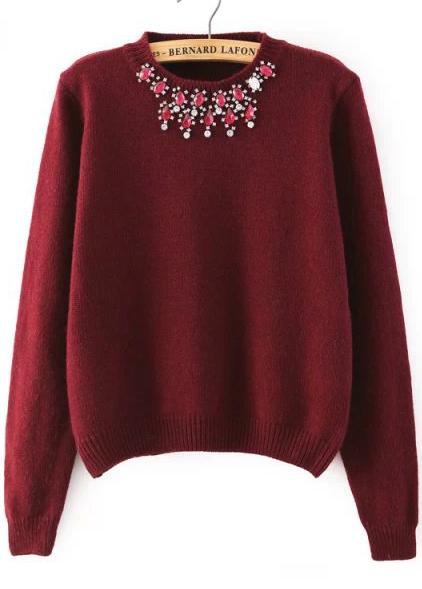 Romwe Rhinestone Knit Crop Wine Red Sweater