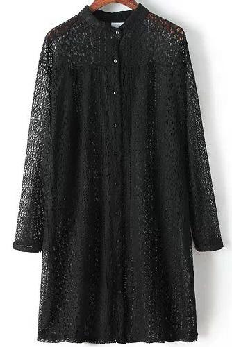 Romwe Black Long Sleeve Hollow Lace Dress