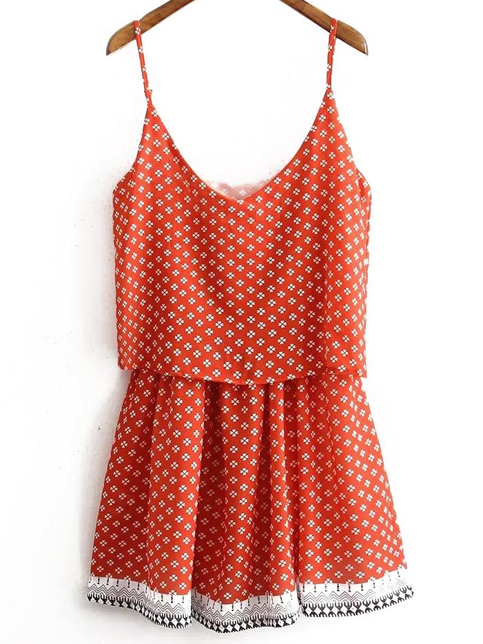Romwe Orange Spaghetti Strap Floral Loose Dress