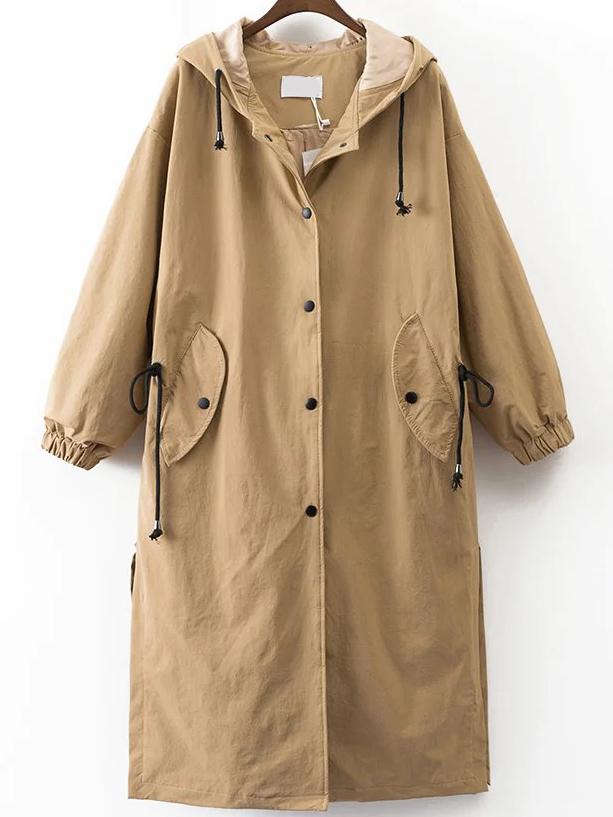 Romwe Khaki Letter Embroidery Drawstring Hooded Long Coat