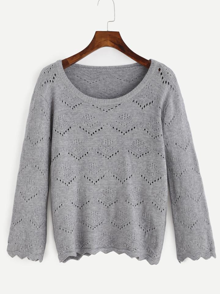 Romwe Grey Eyelet Wave Hem Sweater