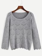 Romwe Grey Eyelet Wave Hem Sweater