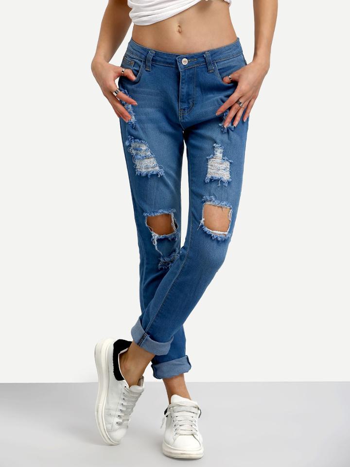Romwe Ripped Rolled Hem Skinny Jeans