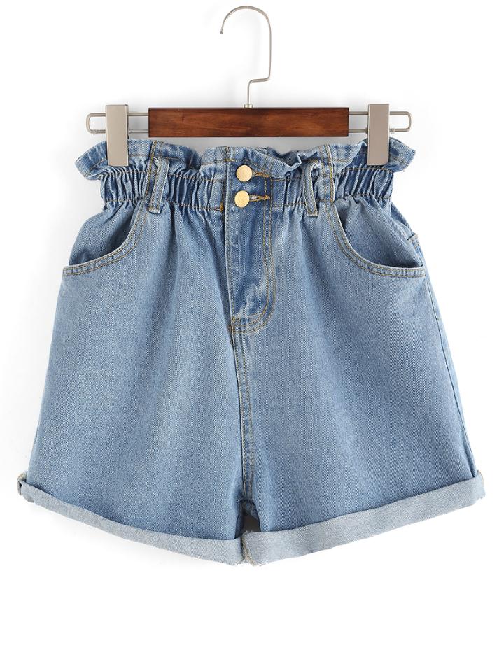 Romwe Ruffle Waist Rolled Hem Denim Shorts