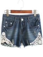 Romwe Contrast Lace Fringe Denim Shorts