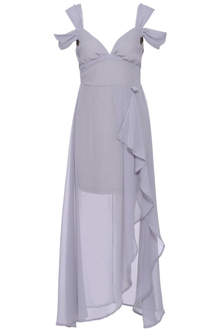 Romwe Romwe Asymmetric Off-shoulder Split Side Grey Crepe Dress