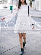 Romwe White Lace Embroidered Bell Sleeve Dress
