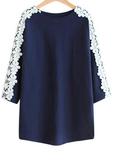 Romwe Contrast Lace Plus Blue T-shirt