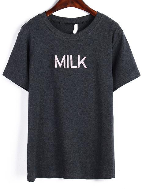 Romwe Milk Print Round Neck Grey T-shirt