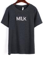 Romwe Milk Print Round Neck Grey T-shirt