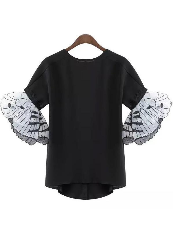 Romwe Black Butterfly Wings Cuff Chiffon Blouse