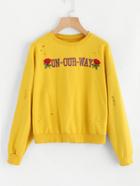 Romwe Rose Embroidered Letter Print Ripped Sweatshirt