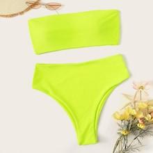 Romwe Neon Lime Bandeau With High Waist Bikini Set