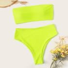Romwe Neon Lime Bandeau With High Waist Bikini Set