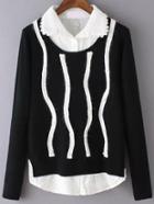 Romwe Lapel Embroidered Contrast Trims Black Sweater With Beaded