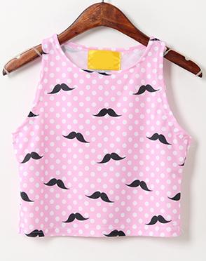 Romwe Mustache Print Polka Dot Tank Top