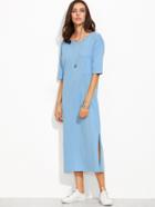 Romwe Blue Drop Shoulder Slit Side Pocket Tee Dress