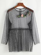 Romwe Black Embroidered Applique Buttoned Keyhole Star Mesh Top