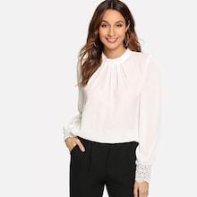 Romwe Guipure Lace Cuff Gathered Neck Blouse