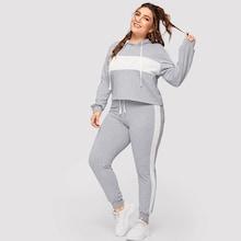 Romwe Plus Contrast Panel Drawstring Hoodie With Sweatpants