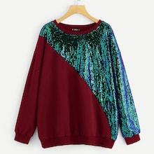 Romwe Plus Sequin Panel Colorblock Pullover