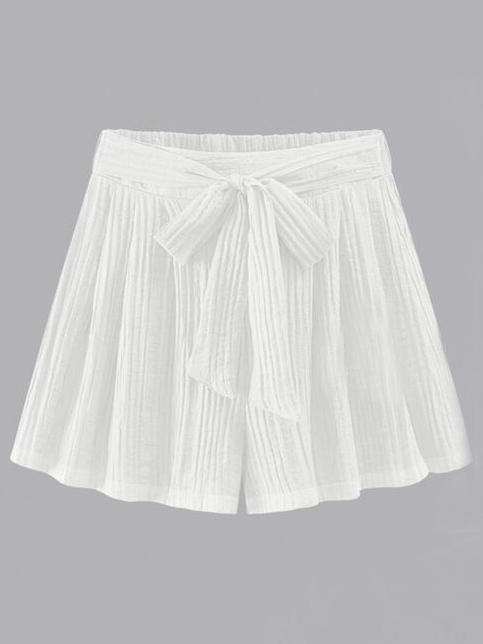 Romwe White Self Tie Pleated Short