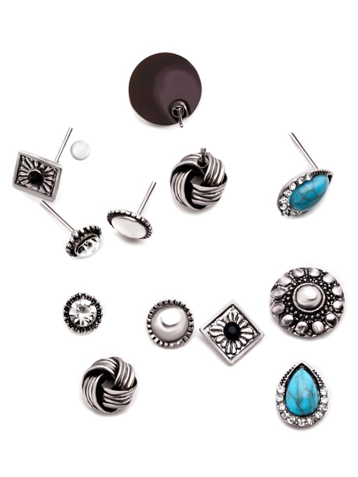 Romwe Antique Silver Gemstone Geometric Carved Stud Earrings Set