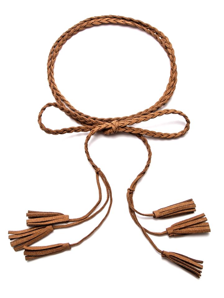 Romwe Camel Multi Tassel Thin Braided Rope Belt