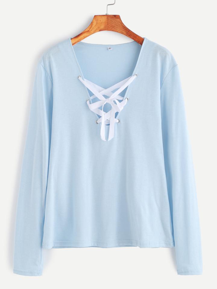 Romwe Blue V Neck Eyelet Lace Up T-shirt