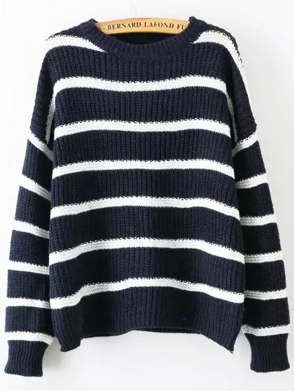 Romwe Long Sleeve Striped Navy Sweater