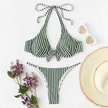 Romwe Random Striped Underwire Top With High Leg Bikini