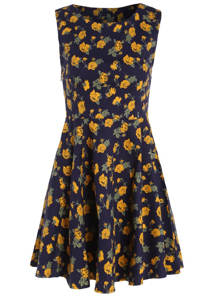 Romwe Sleeveless Flowers Print Pleated Dress